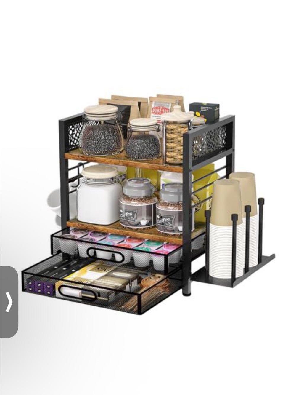 Black Bamboo & Metal 2-Tier Countertop Organizer with Drawer and Cup Holder